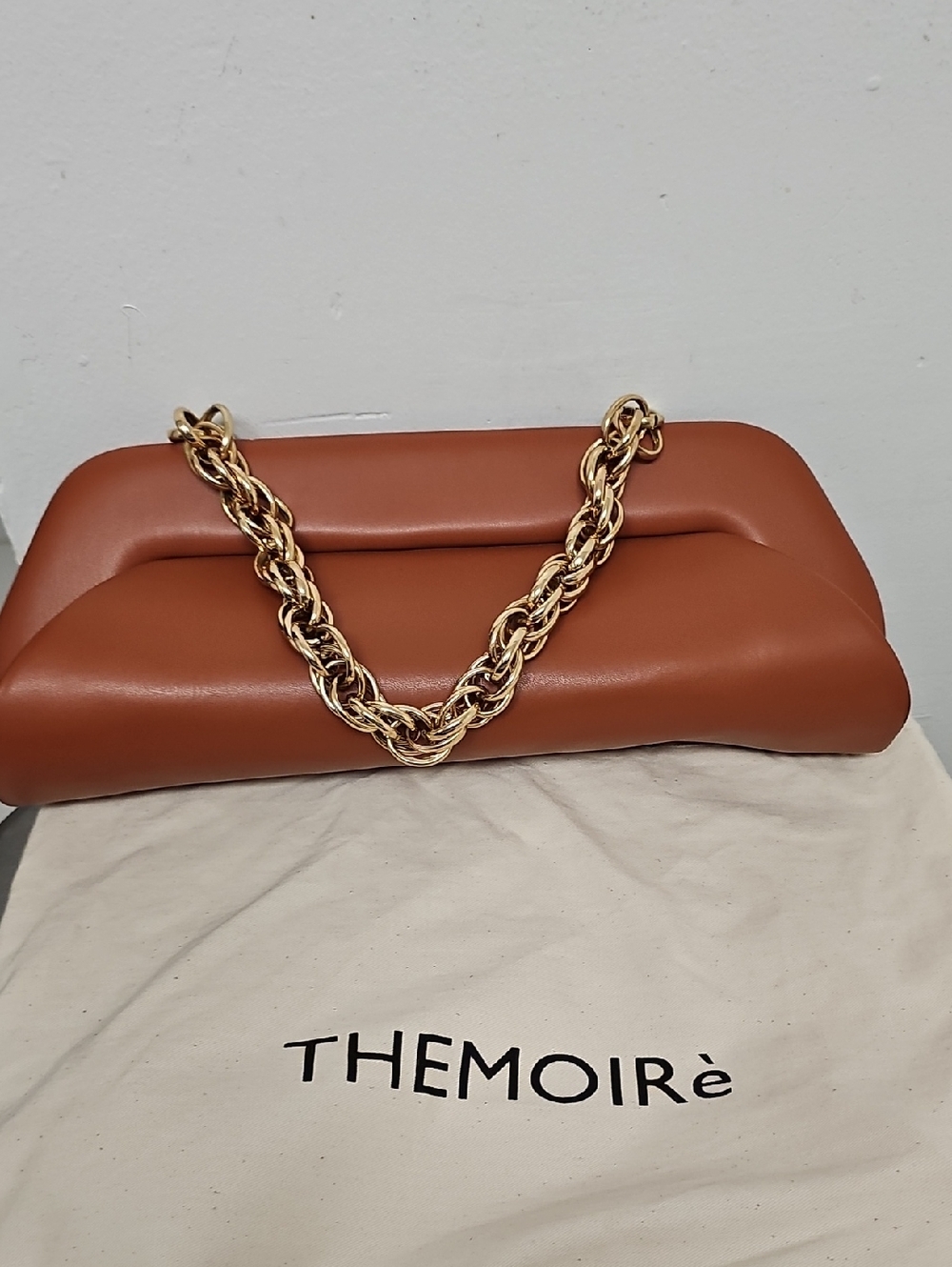 Tan Chain-Handle Clutch Bag